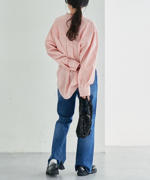 CIAOPANIC TYPY(チャオパニックティピー)の「コットンライクバンドカラー袖ボリュームストライプシャツ(シャツ/ブラウス・レディース・ネイビー/ミント/ピンク/サックスブルー/オレンジ・ONE SIZE)」の14枚目の写真