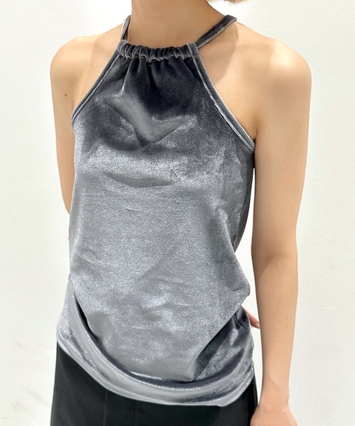 Abor(アボア)の「【Abor】Velours Halter Cami/ベロアホルターキャミ(キャミソール・レディース・ブルーグレー/ブラック/グレー/ベージュ・FREE)」の2枚目の写真