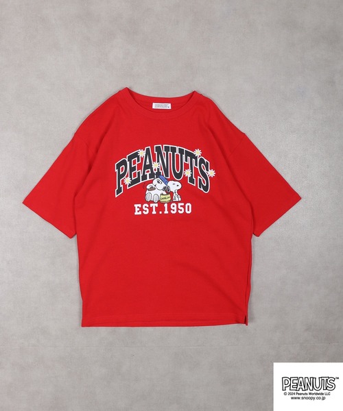 PEANUTS(ピーナッツ)の「PEANUTS フラワーカレッジロゴ ヘビーウエイト ドロップショルダー半袖Tシャツ(Tシャツ/カットソー・メンズ・オフホワイト/レッド/杢グレー・S/M/L/LL)」の8枚目の写真