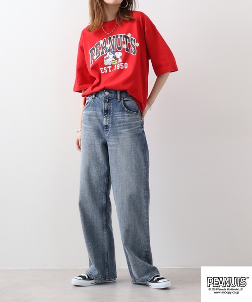 PEANUTS(ピーナッツ)の「PEANUTS フラワーカレッジロゴ ヘビーウエイト ドロップショルダー半袖Tシャツ(Tシャツ/カットソー・メンズ・オフホワイト/レッド/杢グレー・S/M/L/LL)」の6枚目の写真