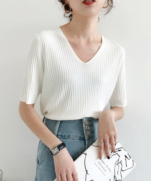 Miniministore(ミニミニストア)の「5分袖リブニット夏服トップス レディース半袖半袖(Tシャツ/カットソー・レディース・ブルー/グリーン系1/イエロー/ブラック/ホワイト系1/ホワイト系/ホワイト/ピンク系/グリーン系/ピンク系1/イエロー系1/イエロー系/ブルー系1/ブラック系/ブラック系1/グリーン/ピンク/ブルー系・FREE)」の3枚目の写真