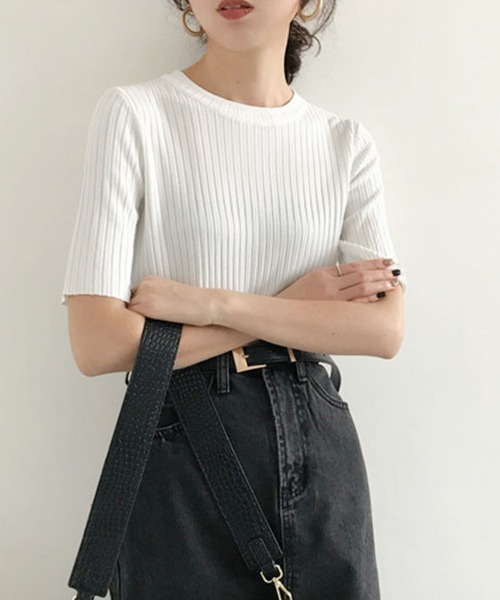 Miniministore(ミニミニストア)の「5分袖リブニット夏服トップス レディース半袖半袖(Tシャツ/カットソー・レディース・ブルー/グリーン系1/イエロー/ブラック/ホワイト系1/ホワイト系/ホワイト/ピンク系/グリーン系/ピンク系1/イエロー系1/イエロー系/ブルー系1/ブラック系/ブラック系1/グリーン/ピンク/ブルー系・FREE)」の4枚目の写真