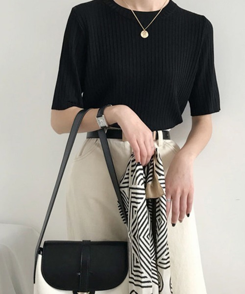 Miniministore(ミニミニストア)の「5分袖リブニット夏服トップス レディース半袖半袖(Tシャツ/カットソー・レディース・ブルー/グリーン系1/イエロー/ブラック/ホワイト系1/ホワイト系/ホワイト/ピンク系/グリーン系/ピンク系1/イエロー系1/イエロー系/ブルー系1/ブラック系/ブラック系1/グリーン/ピンク/ブルー系・FREE)」の1枚目の写真