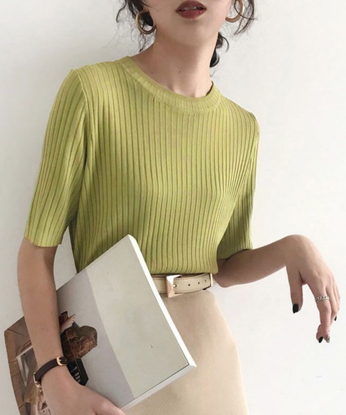 Miniministore(ミニミニストア)の「5分袖リブニット夏服トップス レディース半袖半袖(Tシャツ/カットソー・レディース・ブルー/グリーン系1/イエロー/ブラック/ホワイト系1/ホワイト系/ホワイト/ピンク系/グリーン系/ピンク系1/イエロー系1/イエロー系/ブルー系1/ブラック系/ブラック系1/グリーン/ピンク/ブルー系・FREE)」の9枚目の写真