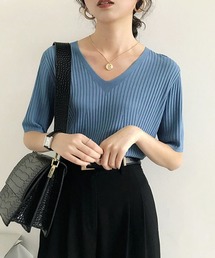 5分袖リブニット夏服トップス レディース半袖半袖