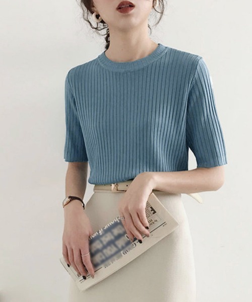 Miniministore(ミニミニストア)の「5分袖リブニット夏服トップス レディース半袖半袖(Tシャツ/カットソー・レディース・ブルー/グリーン系1/イエロー/ブラック/ホワイト系1/ホワイト系/ホワイト/ピンク系/グリーン系/ピンク系1/イエロー系1/イエロー系/ブルー系1/ブラック系/ブラック系1/グリーン/ピンク/ブルー系・FREE)」の12枚目の写真