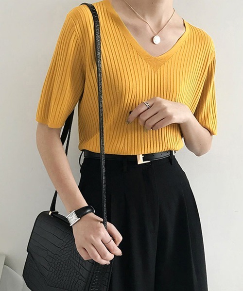 Miniministore(ミニミニストア)の「5分袖リブニット夏服トップス レディース半袖半袖(Tシャツ/カットソー・レディース・ブルー/グリーン系1/イエロー/ブラック/ホワイト系1/ホワイト系/ホワイト/ピンク系/グリーン系/ピンク系1/イエロー系1/イエロー系/ブルー系1/ブラック系/ブラック系1/グリーン/ピンク/ブルー系・FREE)」の14枚目の写真