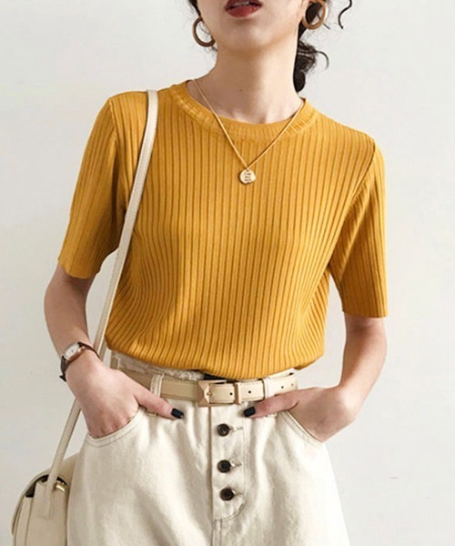 Miniministore(ミニミニストア)の「5分袖リブニット夏服トップス レディース半袖半袖(Tシャツ/カットソー・レディース・ブルー/グリーン系1/イエロー/ブラック/ホワイト系1/ホワイト系/ホワイト/ピンク系/グリーン系/ピンク系1/イエロー系1/イエロー系/ブルー系1/ブラック系/ブラック系1/グリーン/ピンク/ブルー系・FREE)」の15枚目の写真