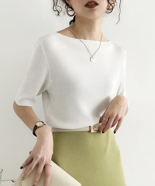 Miniministore(ミニミニストア)の「5分袖リブニット夏服トップス レディース半袖半袖(Tシャツ/カットソー・レディース・ブルー/グリーン系1/イエロー/ブラック/ホワイト系1/ホワイト系/ホワイト/ピンク系/グリーン系/ピンク系1/イエロー系1/イエロー系/ブルー系1/ブラック系/ブラック系1/グリーン/ピンク/ブルー系・FREE)」の2枚目の写真