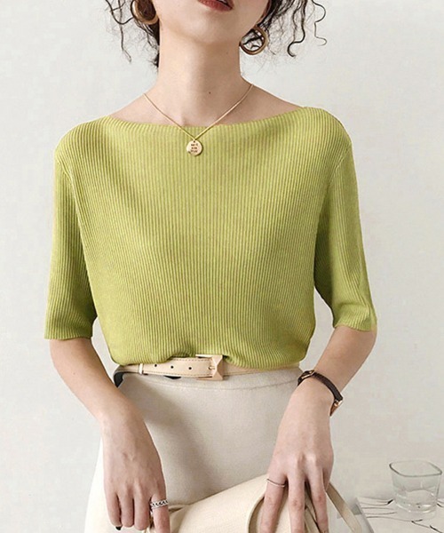 Miniministore(ミニミニストア)の「5分袖リブニット夏服トップス レディース半袖半袖(Tシャツ/カットソー・レディース・ブルー/グリーン系1/イエロー/ブラック/ホワイト系1/ホワイト系/ホワイト/ピンク系/グリーン系/ピンク系1/イエロー系1/イエロー系/ブルー系1/ブラック系/ブラック系1/グリーン/ピンク/ブルー系・FREE)」の7枚目の写真