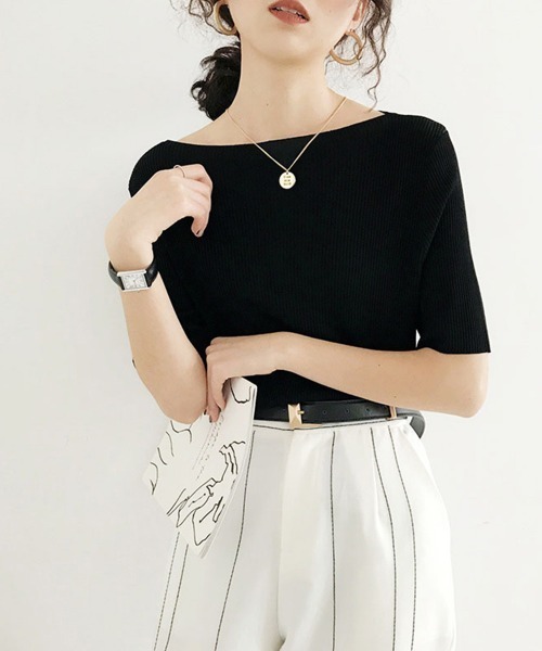 Miniministore(ミニミニストア)の「5分袖リブニット夏服トップス レディース半袖半袖(Tシャツ/カットソー・レディース・ブルー/グリーン系1/イエロー/ブラック/ホワイト系1/ホワイト系/ホワイト/ピンク系/グリーン系/ピンク系1/イエロー系1/イエロー系/ブルー系1/ブラック系/ブラック系1/グリーン/ピンク/ブルー系・FREE)」の5枚目の写真