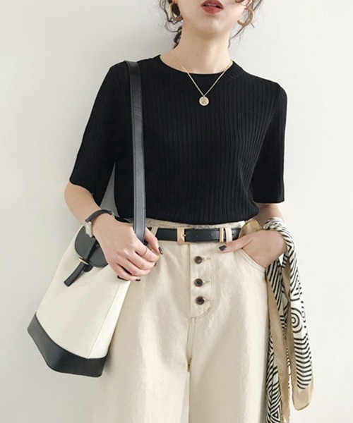 Miniministore(ミニミニストア)の「5分袖リブニット夏服トップス レディース半袖半袖(Tシャツ/カットソー・レディース・ブルー/グリーン系1/イエロー/ブラック/ホワイト系1/ホワイト系/ホワイト/ピンク系/グリーン系/ピンク系1/イエロー系1/イエロー系/ブルー系1/ブラック系/ブラック系1/グリーン/ピンク/ブルー系・FREE)」の22枚目の写真