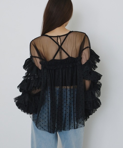 【タグ付き】ANDRESDアンドレスド チュールトップス / チャコール decorative tulle tops / デコラティブチュールトップス（ドレス