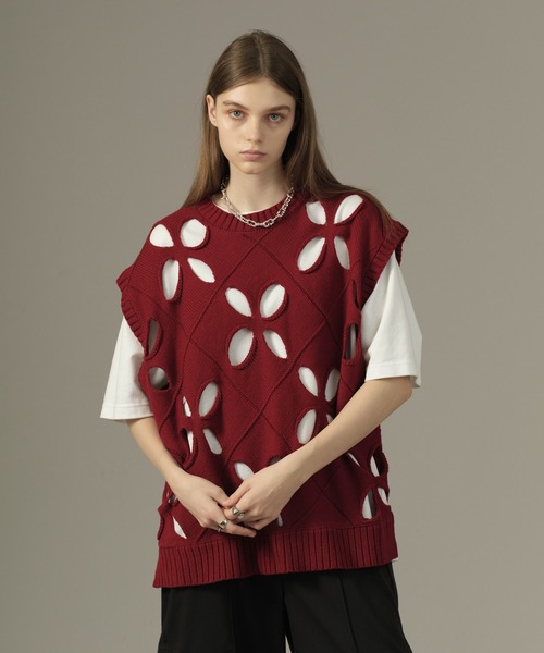 セール】FLOWER HOLE SUMMER KNIT VEST/フラワーホールサマー