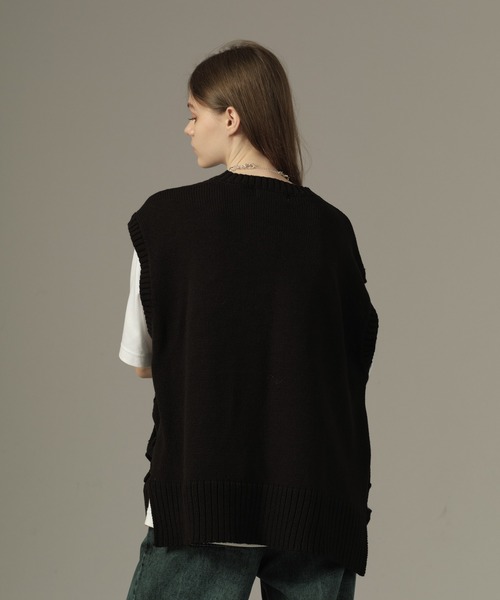 pois ポワ　knit vest　ニットベスト ブラック knit vest black free ふわふわの質感、波うった毛並みが魅力の
