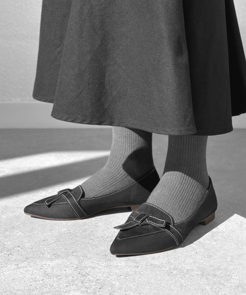 【セール】ポインテッドトゥ ステッチリボンデザイン フラットパンプス（パンプス）｜MAMIAN（マミアン）