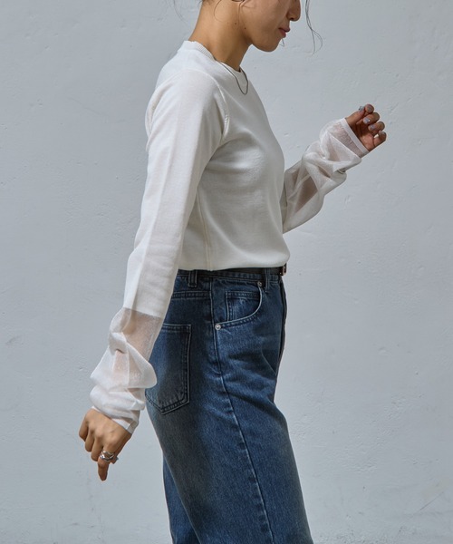 COLONY 2139(コロニートゥーワンスリーナイン)の「袖先シアークルーニット(ニット/セーター・レディース・ブラック/グレイッシュベージュ/オリーブ/オフホワイト/ネイビー・FREE)」の7枚目の写真