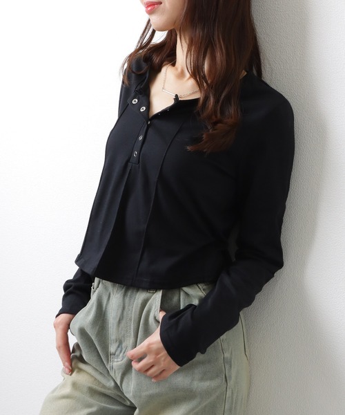 セール】ソリッドカラー ヘンリーネック コンパクト 長袖 カットソー