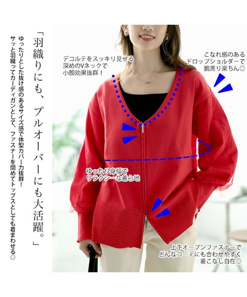 GOLDJAPAN(ゴールドジャパン)の「袖チュールレイヤードニットZIPカーデ【大きいサイズ対応】(カーディガン/ボレロ・レディース・レッド/ブラック/ブルー・LL/3L/4L/5L)」の6枚目の写真