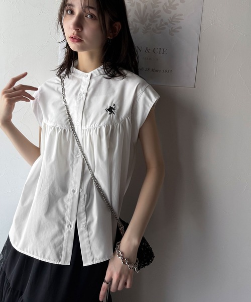 STAMP OF DIARY 黒　シアー　ギャザー　フレンチスリーブ　シャツ cheriella ブラウス シャツ 「cheriella」フレンチスリーブ
