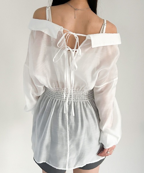 Heather（ヘザー）の「オフショルチュニックシャツ  319998（シャツ/ブラウス・レディース・オフホワイト/チャコールグレー/ミント・FREE）」の5枚目の写真