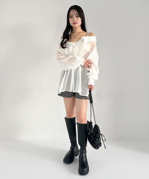 Heather（ヘザー）の「オフショルチュニックシャツ  319998（シャツ/ブラウス・レディース・オフホワイト/チャコールグレー/ミント・FREE）」の6枚目の写真