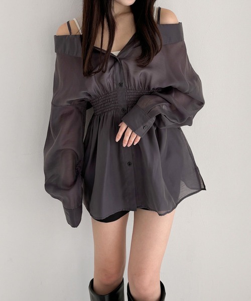 Heather（ヘザー）の「オフショルチュニックシャツ  319998（シャツ/ブラウス・レディース・オフホワイト/チャコールグレー/ミント・FREE）」の9枚目の写真