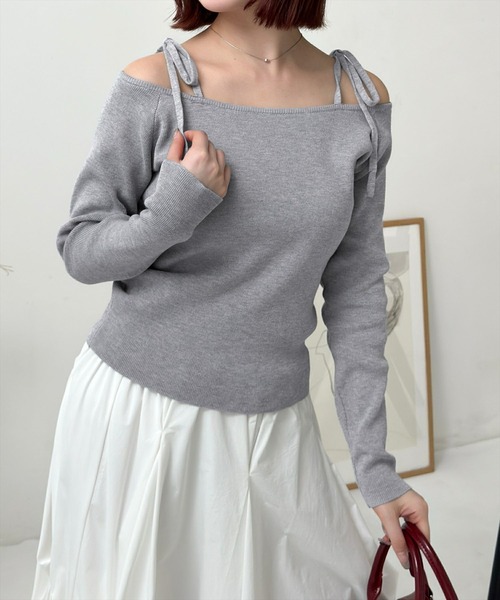 clear（クリア）の「肩リボンオフショルニットトップス[ベーシック 春ニット　着回し万能]（ニット/セーター・レディース・ブラック/グレー/ピンク・F）」の6枚目の写真