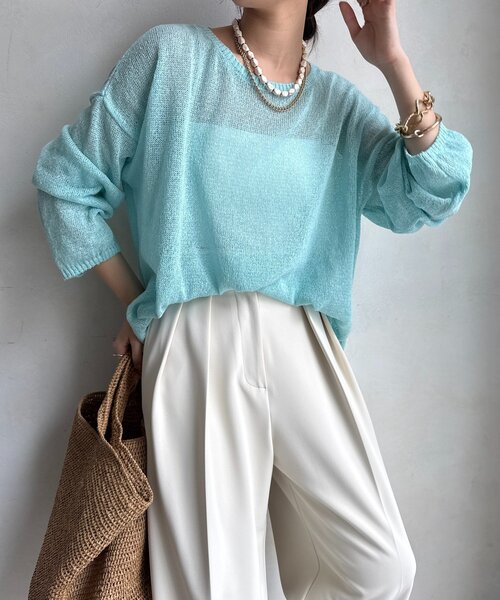 DouDou（ドゥドゥ）の「ペーパーヤーンプルオーバー（ニット/セーター・レディース・ベビーピンク/ブルー/グレー/ベージュ/チャコールグレー/ブルー系その他4/ベージュ系その他・FREE）」の6枚目の写真