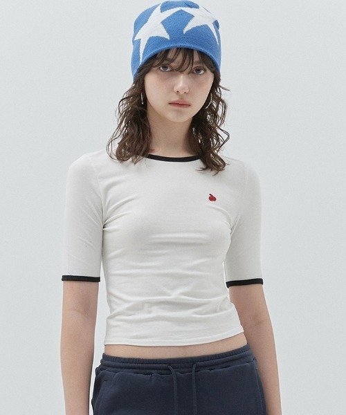 KIRSH(キルシー)の「KIRSH PLAIN SLIM FIT RINGER T-SHIRT キルシー プレーン スリム フィット リンガーTシャツ(Tシャツ/カットソー・レディース・ホワイト/ダークネイビー・ONE SIZE)」の1枚目の写真