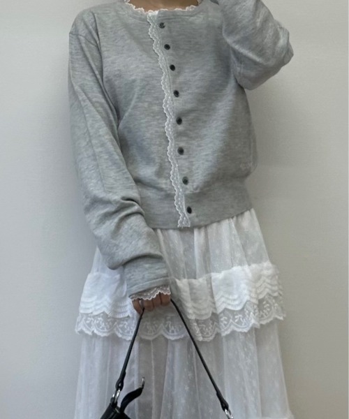 nemne store(ネンネストア)の「【sepup】レースアシメニットカーデ(ニット/セーター・レディース・グリーン系/杢グレー/ブラック系・MEDIUM/SMALL)」の2枚目の写真