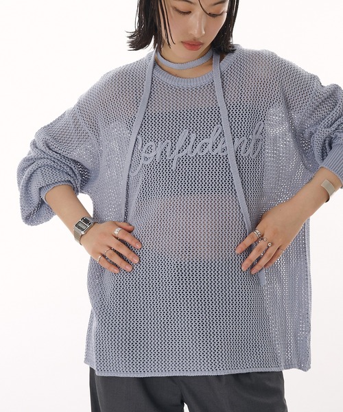 MUHET(ミュエータ)の「cord embroidered mesh knit / コード刺繍メッシュニット(Tシャツ/カットソー・レディース・イエロー/チャコールグレー/ライトブルー・FREE)」の2枚目の写真