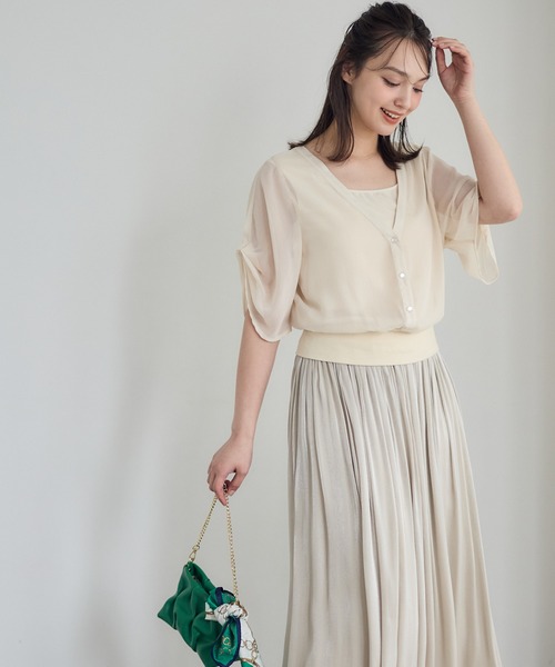 tシャツ シアーVネック袖タックインナー付プルオーバー レディース セール】シアーVネック袖タックインナー付プルオーバー（Tシャツ