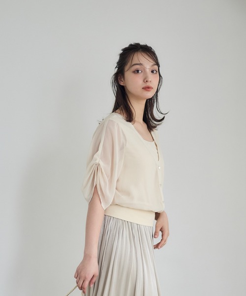 tシャツ シアーVネック袖タックインナー付プルオーバー レディース セール】シアーVネック袖タックインナー付プルオーバー（Tシャツ