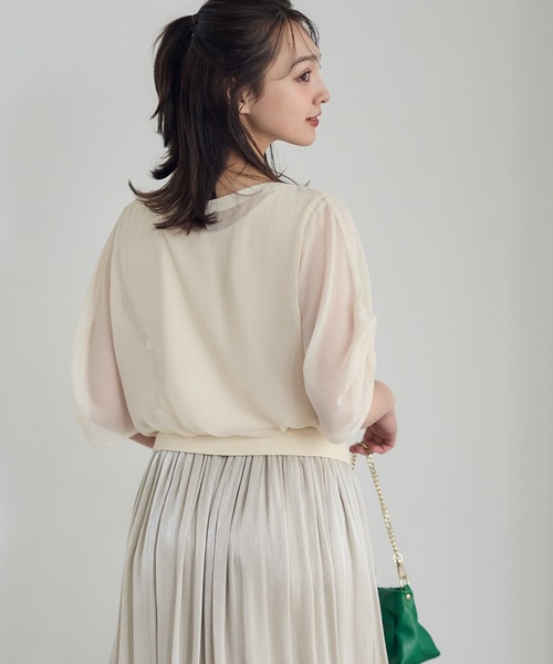 tシャツ シアーVネック袖タックインナー付プルオーバー レディース セール】シアーVネック袖タックインナー付プルオーバー（Tシャツ