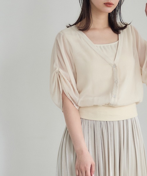 tシャツ シアーVネック袖タックインナー付プルオーバー レディース セール】シアーVネック袖タックインナー付プルオーバー（Tシャツ