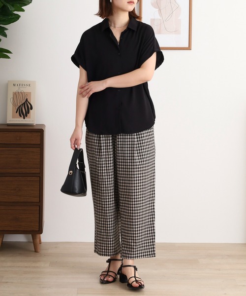 【Moka】PATY デニム風ベイカーパンツとギンガムチェックカットソー セール】green. ギンガムチェック タックパンツ（その他パンツ