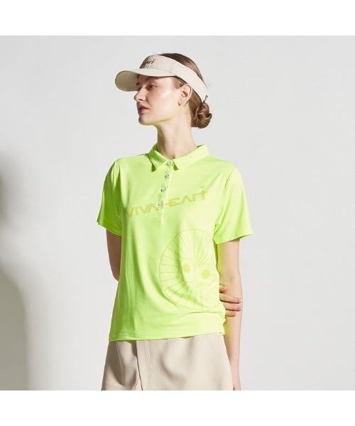VIVA HEART(ビバハート)の「【VIVA HEART/GOLF】ハートアイランダムドット半袖ポロ(ポロシャツ・レディース・ブラック/サックスブルー・40)」の3枚目の写真