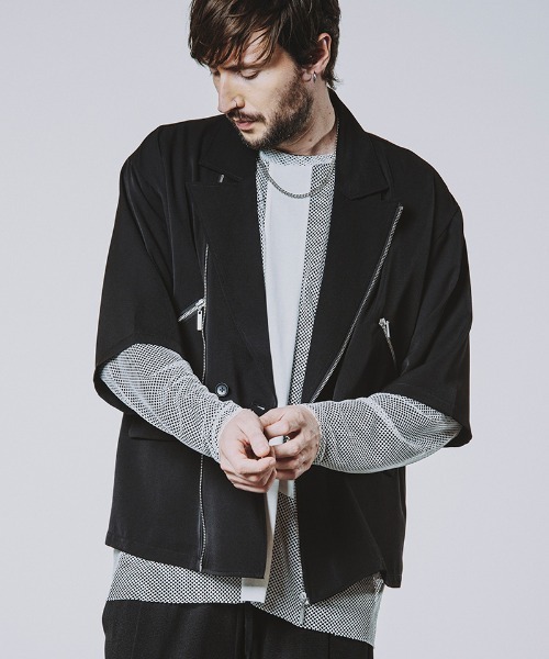 NO ID.(ノーアイディ)の「mj10745-ハーフスリーブライダース1B-JKT ジャケット(ライダースジャケット・メンズ・ブルーグレー/ブラック/グレー・ONE SIZE)」の1枚目の写真