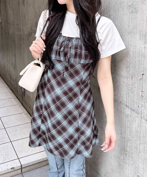 最終値下げブラウンチェック柄ミニワンピースBalloon Tunic チェック柄フレアミニキャミワンピース｜INGNI(イング) 公式通販