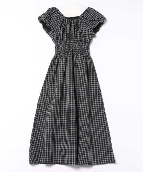 LAULEN(ローレン)の「check shirring puff sleeves dress /チェック柄 ウエスト シャーリング パフスリーブ ロング ワンピース(ワンピース・レディース・アイボリー/ブラック・FREE)」の1枚目の写真