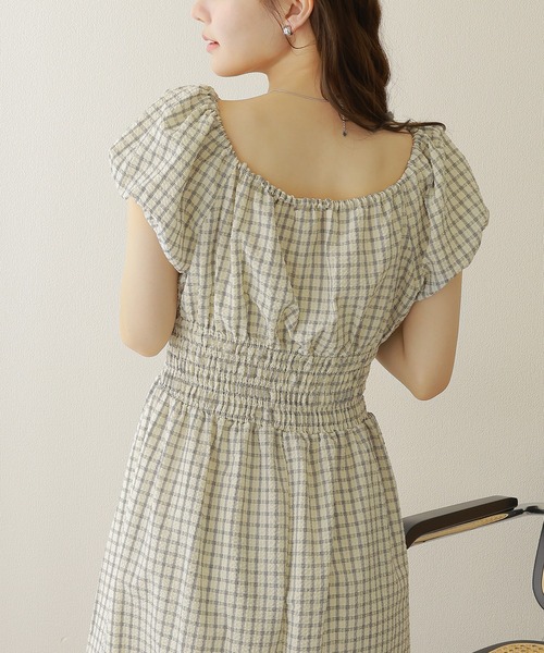 LAULEN(ローレン)の「check shirring puff sleeves dress /チェック柄 ウエスト シャーリング パフスリーブ ロング ワンピース(ワンピース・レディース・アイボリー/ブラック・FREE)」の9枚目の写真