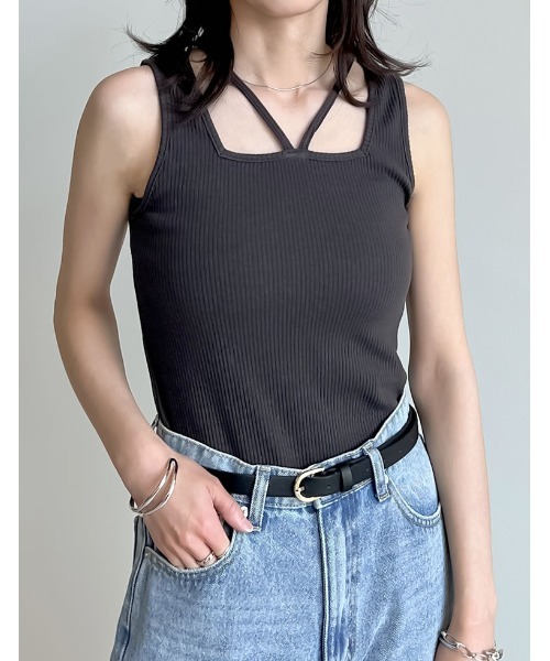 ブラ紐隠し]前後2WAYテレコリブスクエアホルターネックタンクトップ