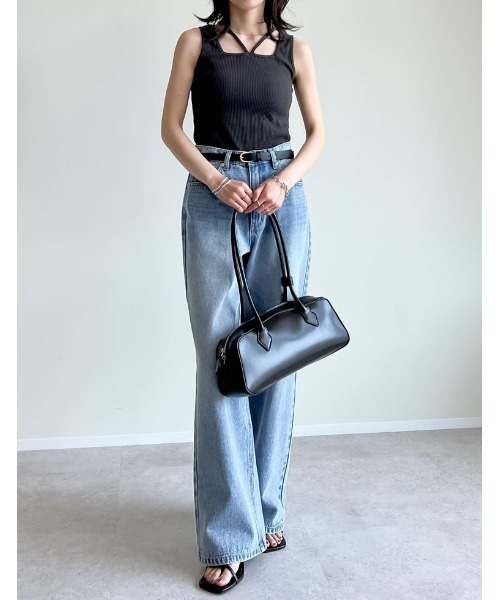 ブラ紐隠し]前後2WAYテレコリブスクエアホルターネックタンクトップ