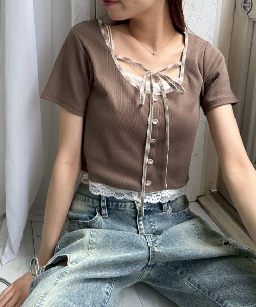 OLIVE des OLIVE（オリーブデオリーブ）の「【夏の着映えが叶う◎】配色レイヤードトップス（Tシャツ/カットソー・レディース・ブラウン/オフホワイト/サックスブルー/ブラック・FREE）」の3枚目の写真