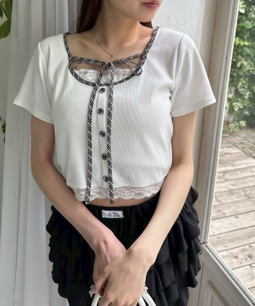 OLIVE des OLIVE（オリーブデオリーブ）の「【夏の着映えが叶う◎】配色レイヤードトップス（Tシャツ/カットソー・レディース・ブラウン/オフホワイト/サックスブルー/ブラック・FREE）」の2枚目の写真