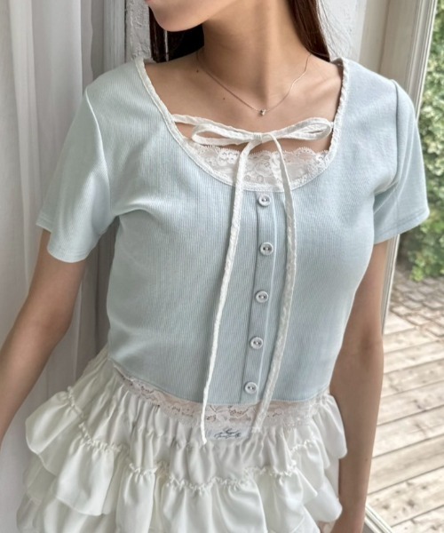 OLIVE des OLIVE（オリーブデオリーブ）の「【夏の着映えが叶う◎】配色レイヤードトップス（Tシャツ/カットソー・レディース・ブラウン/オフホワイト/サックスブルー/ブラック・FREE）」の4枚目の写真