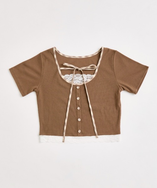 OLIVE des OLIVE（オリーブデオリーブ）の「【夏の着映えが叶う◎】配色レイヤードトップス（Tシャツ/カットソー・レディース・ブラウン/オフホワイト/サックスブルー/ブラック・FREE）」の14枚目の写真