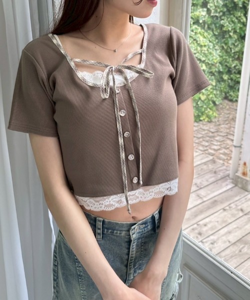 OLIVE des OLIVE（オリーブデオリーブ）の「【夏の着映えが叶う◎】配色レイヤードトップス（Tシャツ/カットソー・レディース・ブラウン/オフホワイト/サックスブルー/ブラック・FREE）」の9枚目の写真