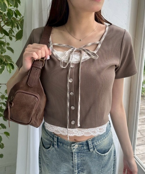 OLIVE des OLIVE（オリーブデオリーブ）の「【夏の着映えが叶う◎】配色レイヤードトップス（Tシャツ/カットソー・レディース・ブラウン/オフホワイト/サックスブルー/ブラック・FREE）」の7枚目の写真